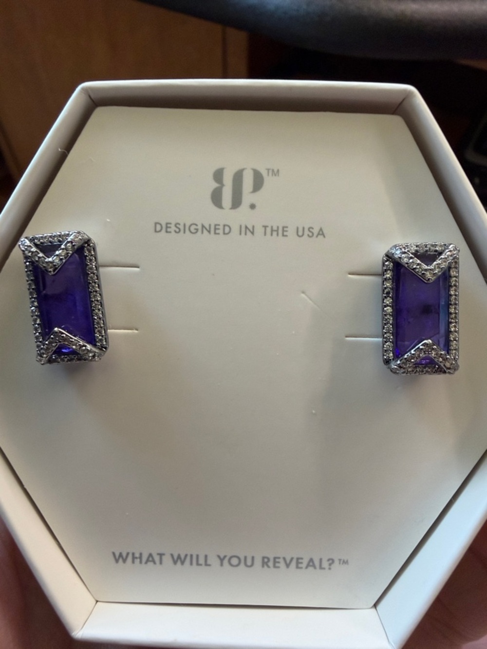 bp Purple Crystal Rectangle Stud Earrings with Pavé Frame